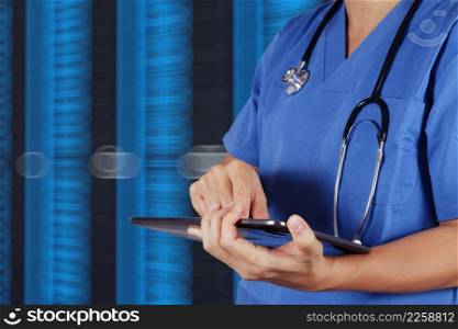 Doctor working on a digital tablet with digital background as concept