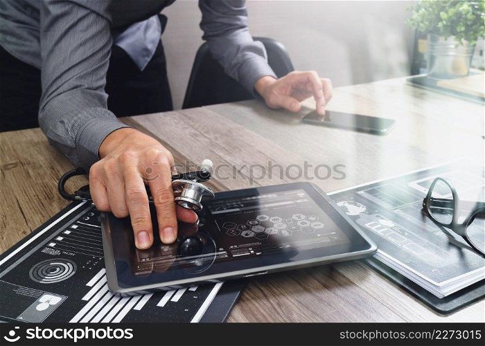 Doctor working with digital tablet computer with smart phone in medical workspace office and video conference as concept,filter effect