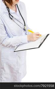 doctor writes in clipboard isolated on white background