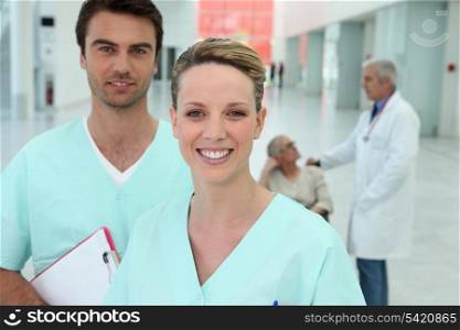Doctors in hospital hallway