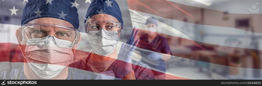 Doctors or Nurses Wearing Medical Personal Protective Equipment (PPE) Within Hospital Against Ghosted American Flag Banner.