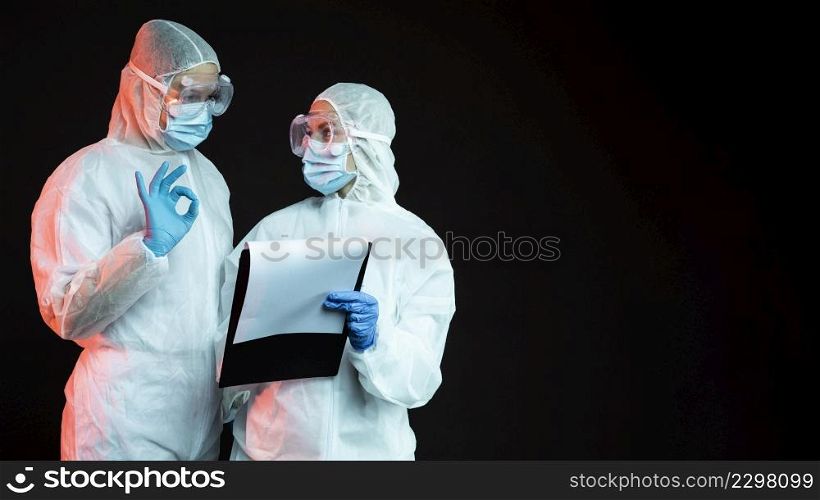 doctors wearing pandemic medical wear with copy space