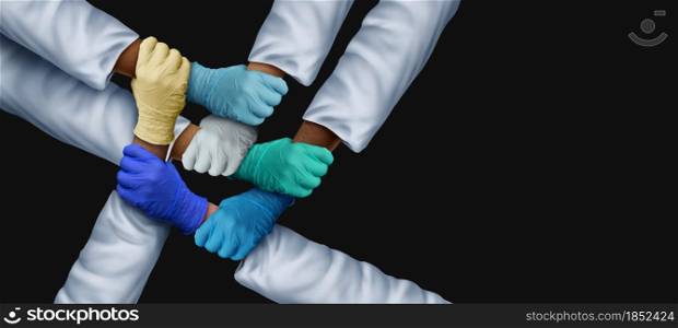 Doctors working together and medical teamwork and health workers unity and global healthcare partnership as a group of diverse medics connected together on a black background in a 3D illustration style.