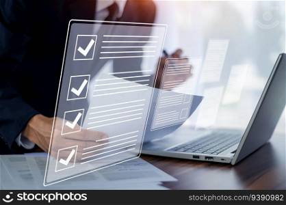 Document Checklist concept, Businessman using computer for DMS documents management and ERP software for Document system management. Automation software to archiving and efficiently manage information