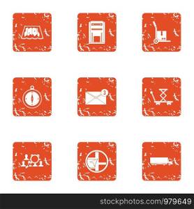 Document delivery icons set. Grunge set of 9 document delivery vector icons for web isolated on white background. Document delivery icons set, grunge style