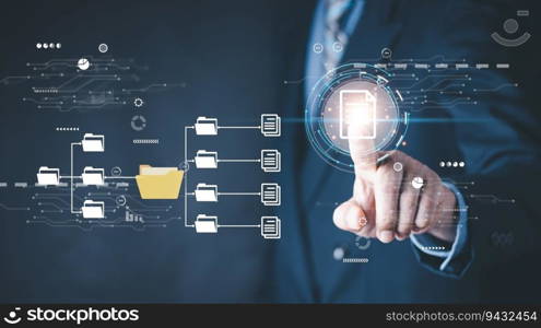 Document Management System  is used to store, search and manage audit processes and users for corporate files and data in an organization concept with business manager pointing to icons.