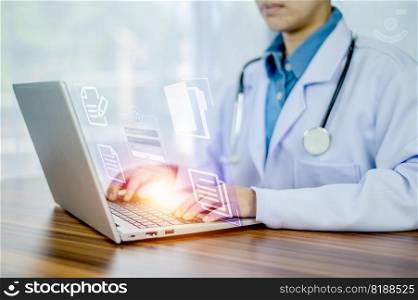 Documents concept, Doctor use computer connection server data base patient for technology treatment in hospital in Documents concept management