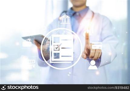 Documents concept, Doctor use computer connection server data base patient for technology treatment in hospital.in Documents concept management