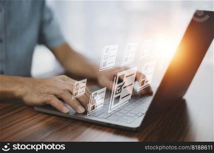 Documents management information system concept, Businessman using computer internet for Documents management information system and ERP program data directory in company, ERP document management