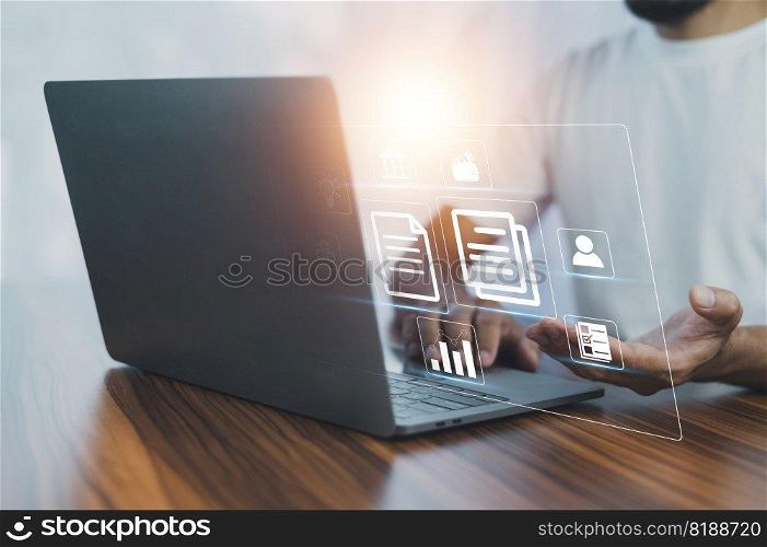 Documents management information system concept, Businessman using computer internet for Documents management information system and ERP program data directory in company, ERP document management