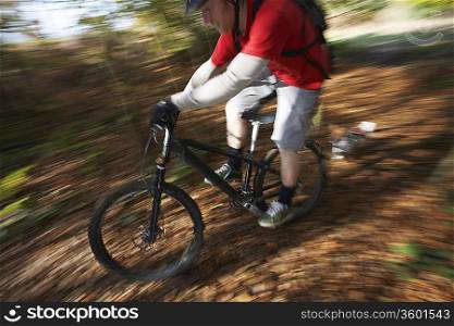 Dog chasing man on mountain bike through woodland, motion blur
