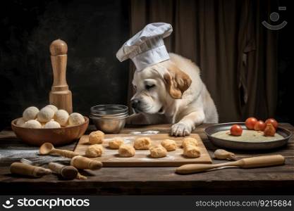 dog chef making dumplings with ingredients of choice in kitchen, created with generative ai. dog chef making dumplings with ingredients of choice in kitchen