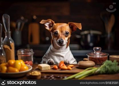 dog chef, mixing up fresh and creative mixture of ingredients for new recipe, created with generative ai. dog chef, mixing up fresh and creative mixture of ingredients for new recipe