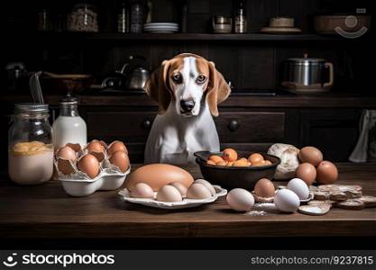 dog chef preparing a delicious breakfast feast, complete with eggs, bacon, and waffles, created with generative ai. dog chef preparing a delicious breakfast feast, complete with eggs, bacon, and waffles