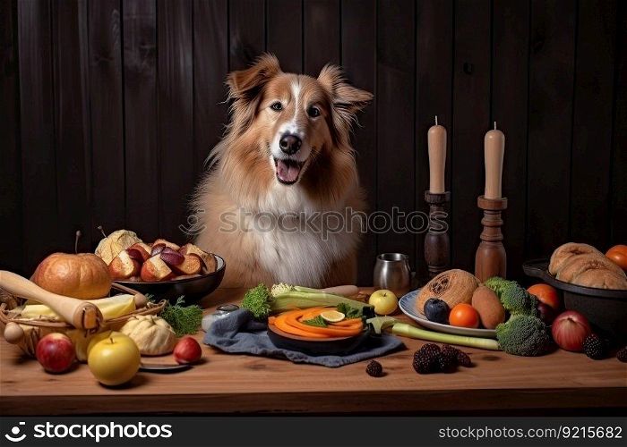 dog chef preparing beautiful and delicious feast of healthy, nutritious food, created with generative ai. dog chef preparing beautiful and delicious feast of healthy, nutritious food