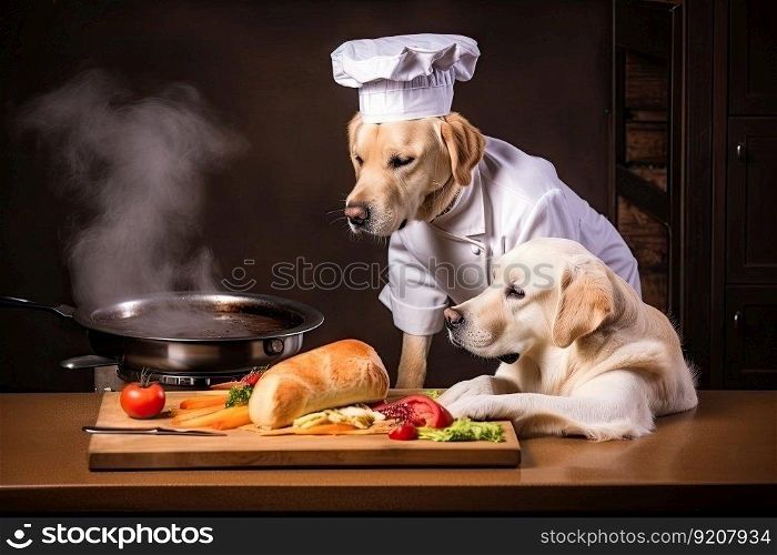 dog chef, preparing delicious and nutritious meal for its owner’s beloved pet, created with generative ai. dog chef, preparing delicious and nutritious meal for its owner’s beloved pet