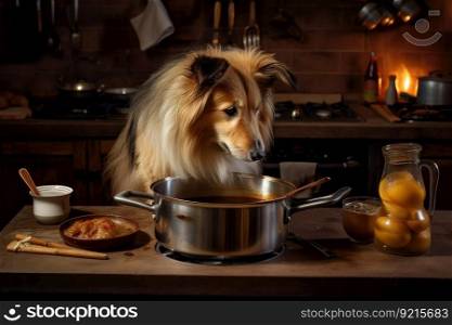 dog chef stirs a simmering pot of broth, preparing for the evening meal, created with generative ai. dog chef stirs a simmering pot of broth, preparing for the evening meal
