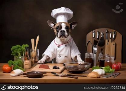 dog chef, with ingredients and tools for creating delicious treats for other dogs, created with generative ai. dog chef, with ingredients and tools for creating delicious treats for other dogs