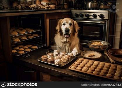 dog chef, with loaf of homemade dog treats in oven, preparing for bake sale, created with generative ai. dog chef, with loaf of homemade dog treats in oven, preparing for bake sale