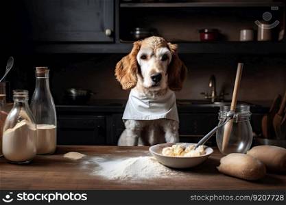 dog chef, with whisk and mixing bowl, preparing fluffy pancakes for breakfast, created with generative ai. dog chef, with whisk and mixing bowl, preparing fluffy pancakes for breakfast