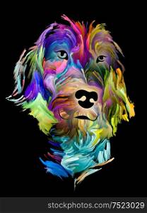 Dog digital portrait in digital oil colors on black background on subject of love, friendship, faithfulness, companionship between dog and man. God bless animals series.