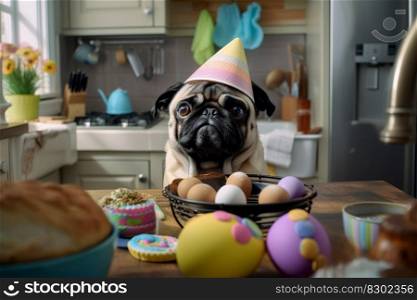 dog dressed in a baker costume, colorful easter eggs surround the dog pug,  Generative AI.
