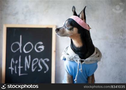 Dog fitness. Fitness and healthy lifestyle for pet.  Dog trainer portrait in studio 