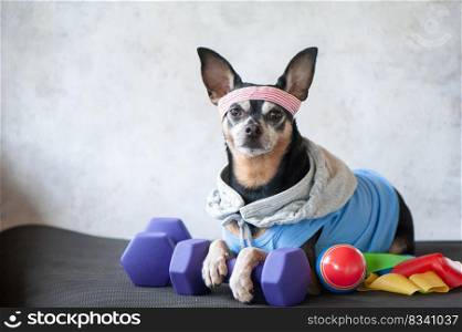 Dog Fitness , sport  and lifestyle concept.  Sporty and healthy lifestyle for pet.  Funny dog   in sportswear in training, portrait