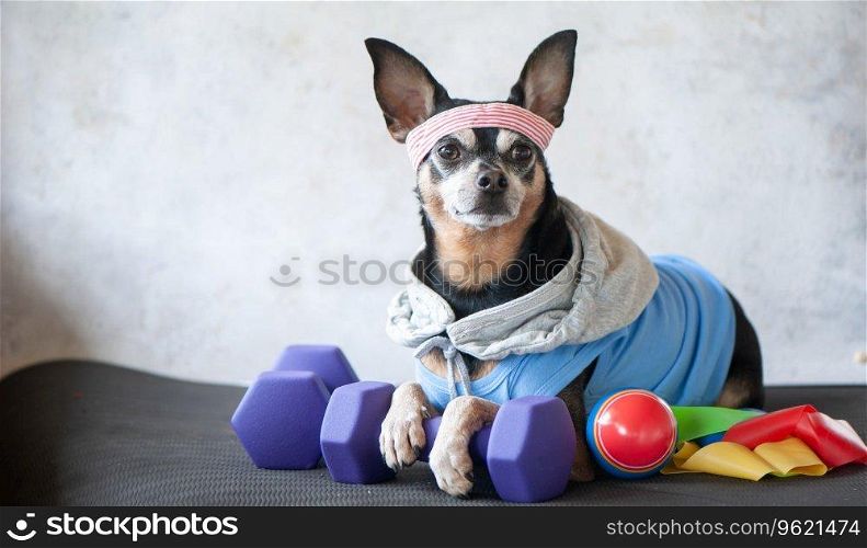 Dog Fitness , sport  and lifestyle concept.  Sporty and healthy lifestyle for pet.  Funny dog ??in sportswear in training, portrait