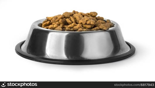 Dog food in bowl, isolated on white with clipping path
