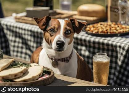 Dog friendly picnic with happy jack russell terrier and food. Puppy picnic trend concept. AI. Dog friendly picnic with happy jack russell terrier. AI