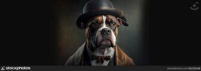 Dog gentleman and boss in a hat, suit and tie. Banner header. AI generated. An important pet on a dark background.. Dog gentleman and boss in a hat, suit and tie. Banner header. AI generated.