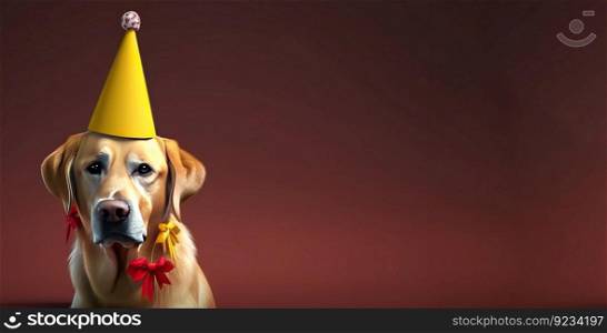Dog in a party cap on a birthday on a holiday. Dark background, isolate. AI generated. The pet rejoices at the event. Header banner mockup with space.. Dog in a party cap on a birthday on a holiday. Dark background, isolate. AI generated.