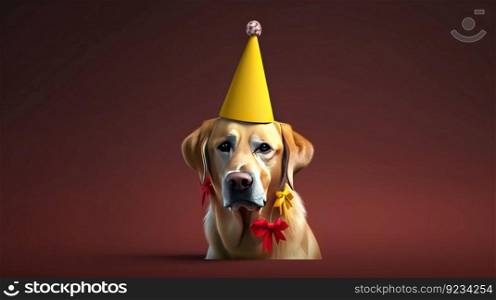 Dog in a party cap on a birthday on a holiday. Dark background, isolate. AI generated. The pet rejoices at the event.. Dog in a party cap on a birthday on a holiday. Dark background, isolate. AI generated.