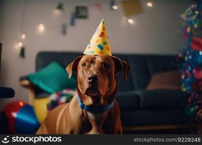 Dog in a party cap on a birthday on a holiday. Decorated room. AI generated. The pet rejoices at the event.. Dog in a party cap on a birthday on a holiday. Decorated room. AI generated.
