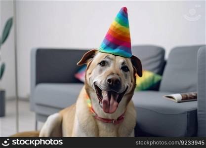 Dog in a party cap on a birthday on a holiday. Decorated room. AI generated. The pet rejoices at the event.. Dog in a party cap on a birthday on a holiday. Decorated room. AI generated.