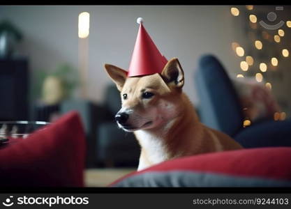 Dog in a party cap on a birthday on a holiday. Decorated room. AI generated. The pet rejoices at the event.. Dog in a party cap on a birthday on a holiday. Decorated room. AI generated.