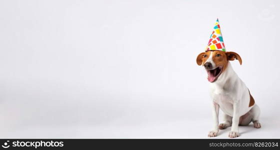 Dog in a party cap on a birthday on a holiday. White background, isolate. AI generated. The pet rejoices at the event. Header banner mockup with space.. Dog in a party cap on a birthday on a holiday. White background, isolate. AI generated.