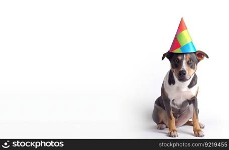 Dog in a party cap on a birthday on a holiday. White background, isolate. AI generated. The pet rejoices at the event. Header banner mockup with space.. Dog in a party cap on a birthday on a holiday. White background, isolate. AI generated.