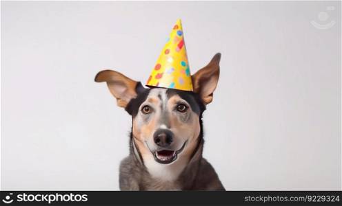 Dog in a party cap on a birthday on a holiday. White background, isolate. AI generated. The pet rejoices at the event.. Dog in a party cap on a birthday on a holiday. White background, isolate. AI generated.