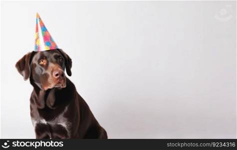 Dog in a party cap on a birthday on a holiday. White background, isolate. AI≥≠rated. The pet rejoices at the event. Header ban≠r mockup with space.. Dog in a party cap on a birthday on a holiday. White background, isolate. AI≥≠rated.