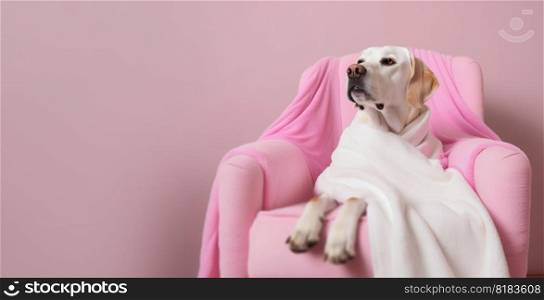 Dog is relaxing on pink armchair. Pets spa, grooming salon, pet resort. Animal care service, bathing. Rest, relax, wellness. Banner with copy space for text, advertising. Generative AI. Dog is relaxing on pink armchair. Pets spa, grooming salon, pet resort. Animal care service, bathing. Rest, relax, wellness. Banner with copy space for text, advertising. Generative AI.