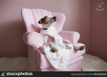 Dog is relaxing on pink armchair. Pets spa, grooming salon, pet resort. Animal care service, bathing. Rest, relax, wellness. Generative AI. Dog is relaxing on pink armchair. Pets spa, grooming salon, pet resort. Animal care service, bathing. Rest, relax, wellness. Generative AI.