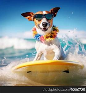 Dog jack russell surfing the wave Illustration Generative AI
