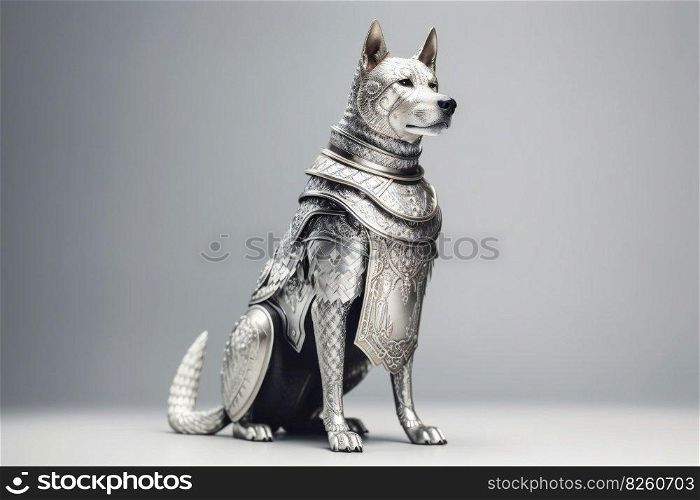 Dog knight in medieval steel armor. Animal soldier character. AI generated illustration. Dog knight in medieval steel armor. AI generated illustration
