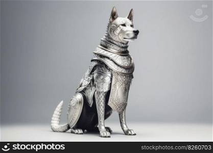Dog knight in medieval steel armor. Animal soldier character. AI generated illustration. Dog knight in medieval steel armor. AI generated illustration