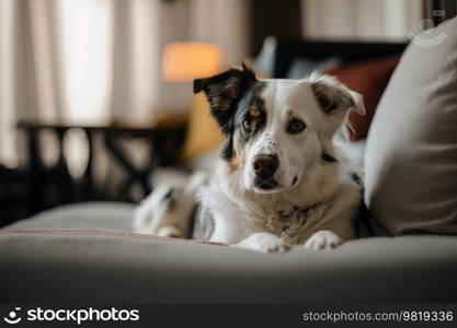 Dog lounging on sofa. Illustration Generative AI