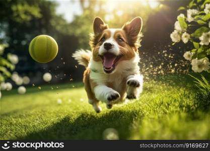 dog pet in the park playing with a ball on a green lawn Generative AI.