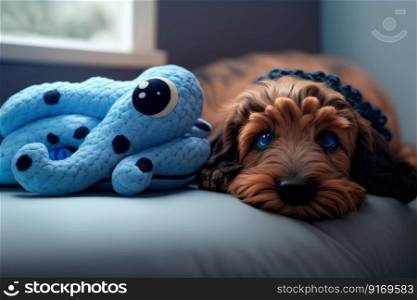 dog pet resting with a toy octopus on the bed Generative AI.