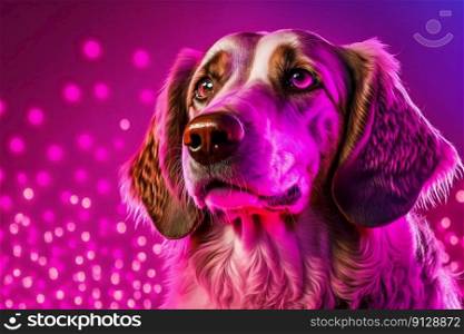 Dog portrait with neon lights. Cute pet on the party. Generative AI. Dog portrait with neon lights. Cute pet on the party. Generative AI.